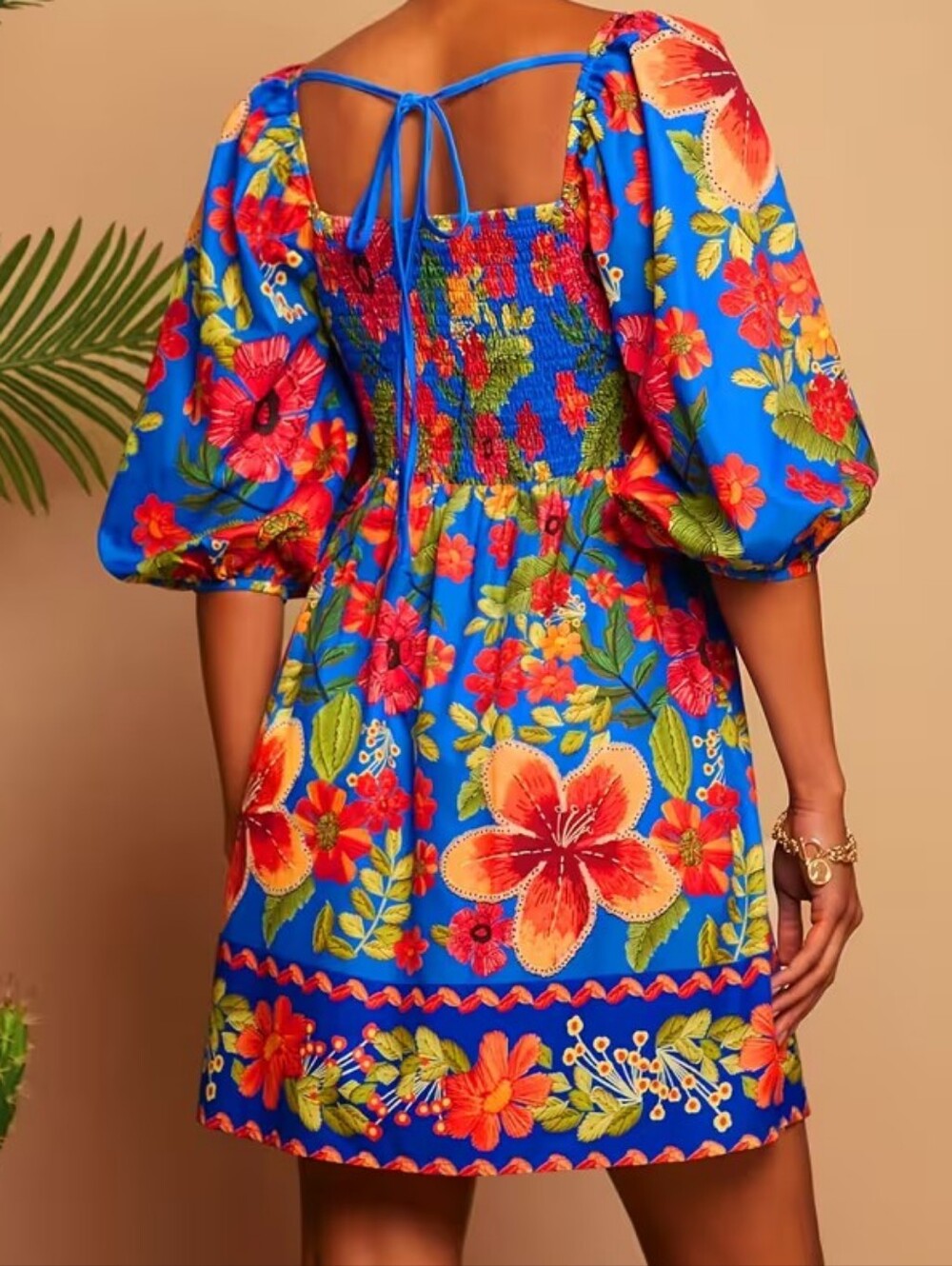 New Summer Square Neck Puff Sleeve Tropical Floral Dress - Picture 2 of 2